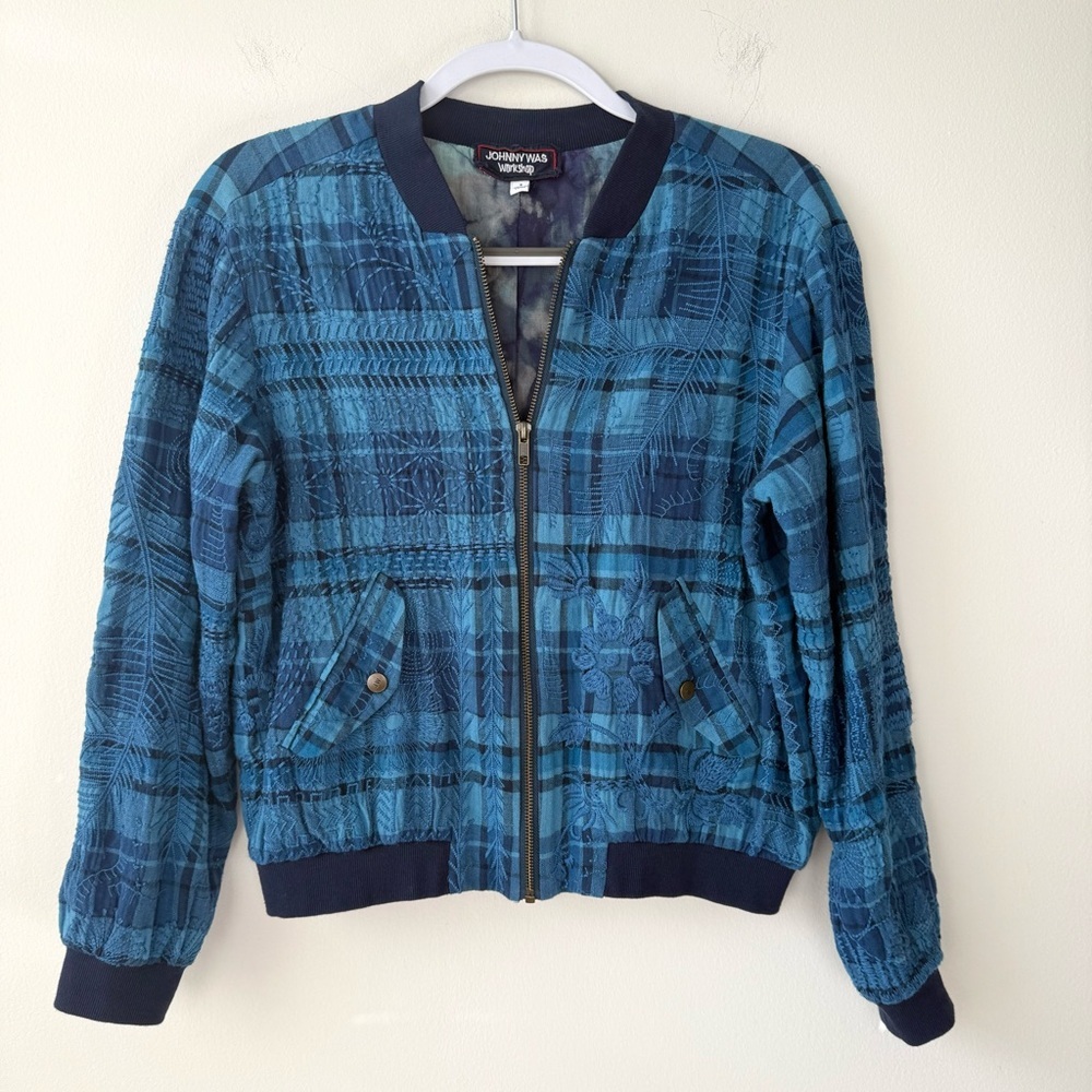 Johnny Was Workshop Cotton Embroidered Bomber Zip Up Jacket Blue Plaid